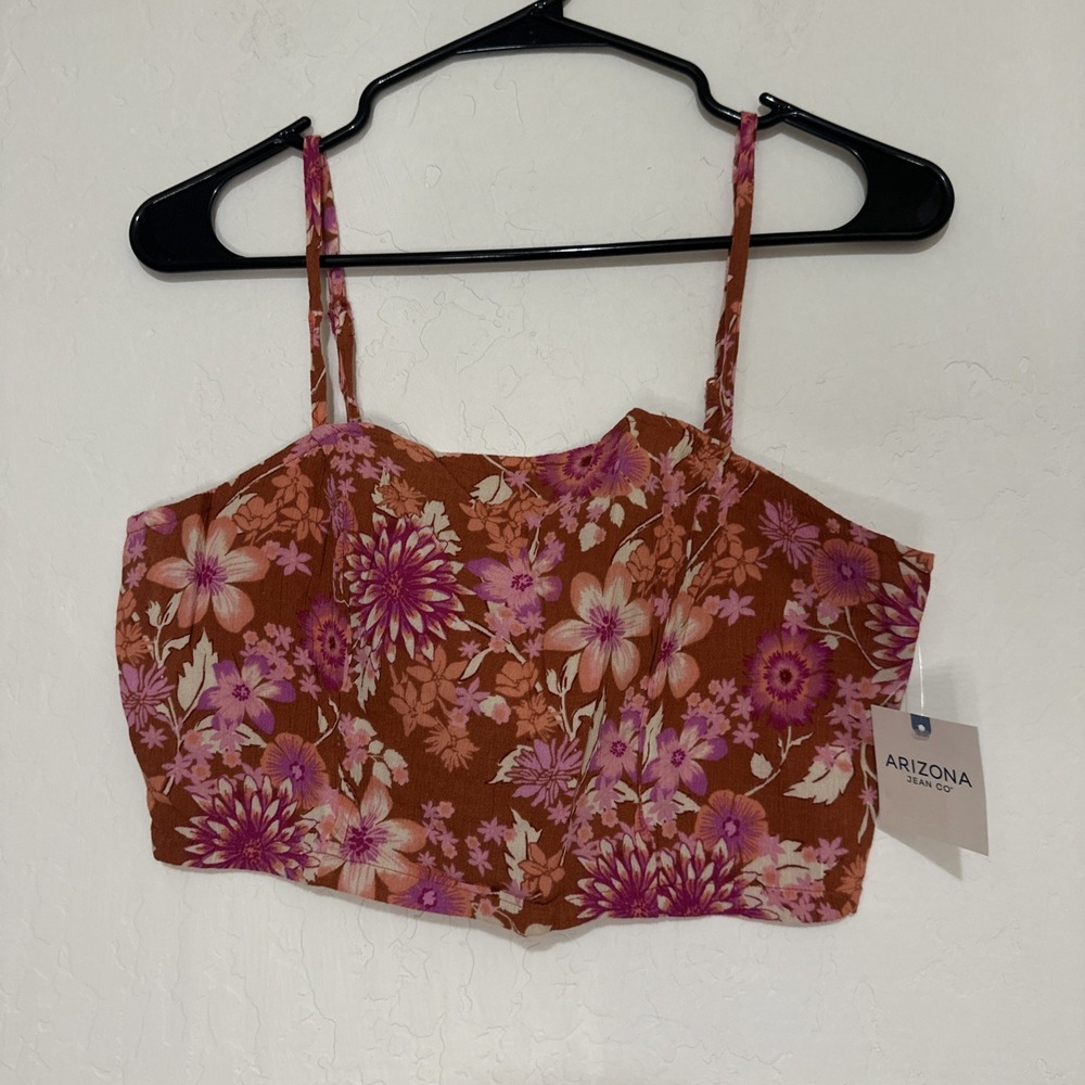 Arizona Jean Co Womens Floral Gauze Spaghetti Strap‎ Smocked Crop Top Medium NWT